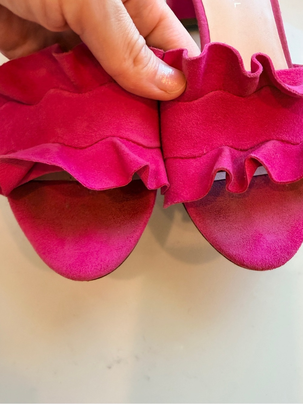 Loeffler Randall Ruffle Slide Sandals Mules Hot Pink Fuchsia Suede Size 7 - Picture 4 of 8